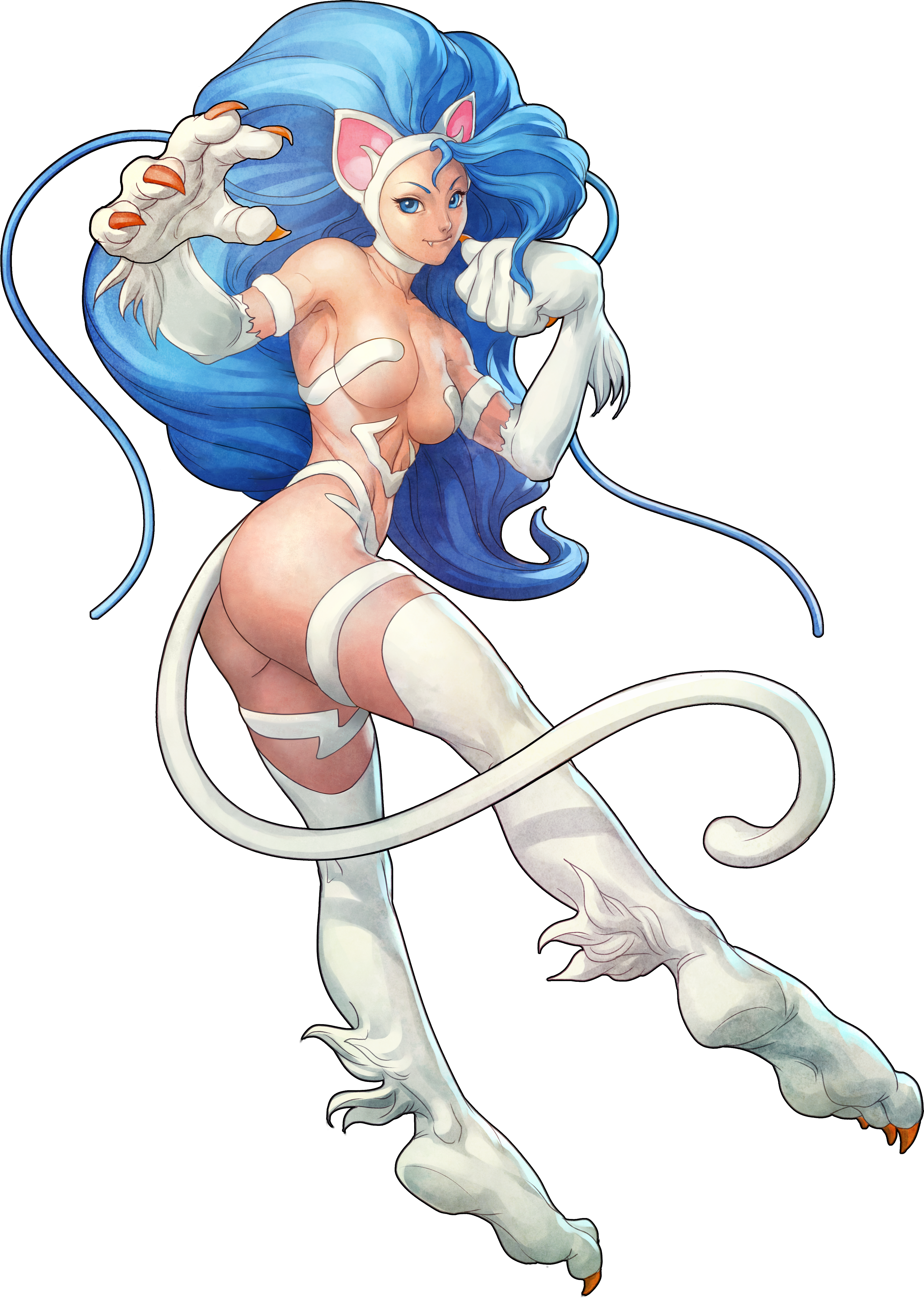 stanley lau, felicia (darkstalkers), capcom, darkstalkers, vampire resurrection, absurdres, highres, official art, 1girl, :d, ahoge, animal ears, animal hands, aqua eyes, armpits, ass, barefoot, big hair, blue eyes, blue hair, breasts, cat, cat ears, cat girl, cat paws, cat tail, claws, clenched hand, closed mouth, fang, fang out, feet, fighting stance, foreshortening, from side, full body, huge ahoge, jumping, kneepits, large hands, legs, light smile, long hair, looking at viewer, looking back, medium breasts, monster girl, nude, open hand, open mouth, paw pose, smile, soles, solo, tail, thighs, toned, toned female, transparent background, twisted torso, very long hair, wavy hair, white cat, white fur