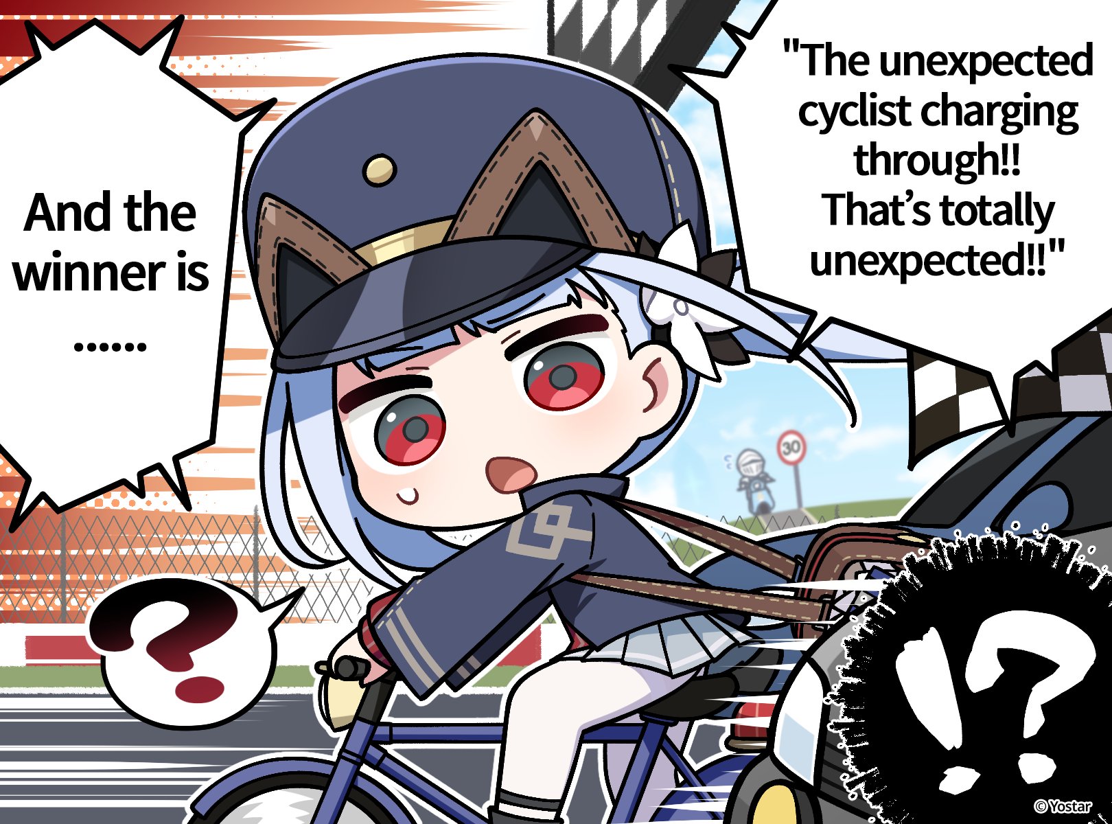 freesia (stella sora), stella sora, commentary, english commentary, highres, official art, 1girl, ?, bicycle, black hat, black jacket, blue hair, blunt bangs, center-flap bangs, english text, floating hair, flower, flying sweatdrops, grey skirt, hair flower, hair ornament, hat, jacket, long hair, long sleeves, miniskirt, motion lines, open mouth, pinstripe pattern, pinstripe shirt, pleated skirt, racing, red eyes, red shirt, riding, riding bicycle, shirt, side ponytail, sidelocks, skirt, solo focus, speed lines, spoken question mark, sweatdrop, very long hair, white flower
