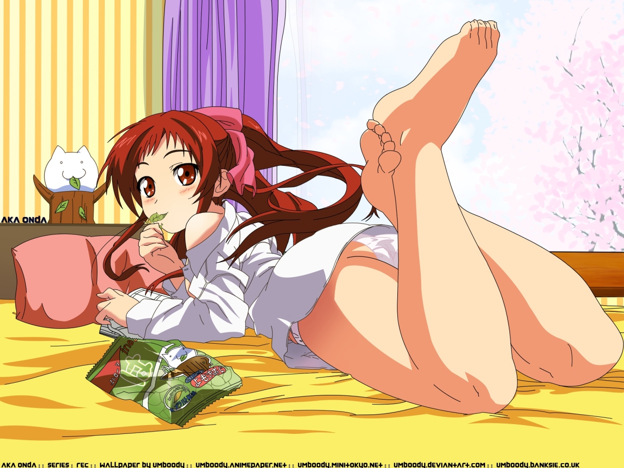 shimizu keita, onda aka, rec (manga), striped, official art, official wallpaper, third-party edit, 00s, 1girl, :3, ass, bag, bare shoulders, barefoot, bed, bedroom, blush, book, breasts, cat, character name, cherry blossoms, cloud, crossed legs, curtains, day, dress shirt, eating, feet, female focus, food, food in mouth, foreshortening, full body, hair ribbon, indoors, leaf, legs, legs up, long sleeves, looking at viewer, looking back, lying, medium breasts, mouth hold, no bra, no pants, o o, off shoulder, on bed, on stomach, open book, panties, pillow, pink ribbon, red eyes, red hair, ribbon, shirt, sideboob, sidelocks, sky, solo, toes, tree, underwear, vertical stripes, wallpaper (object), watermark, web address, white panties, white shirt, window