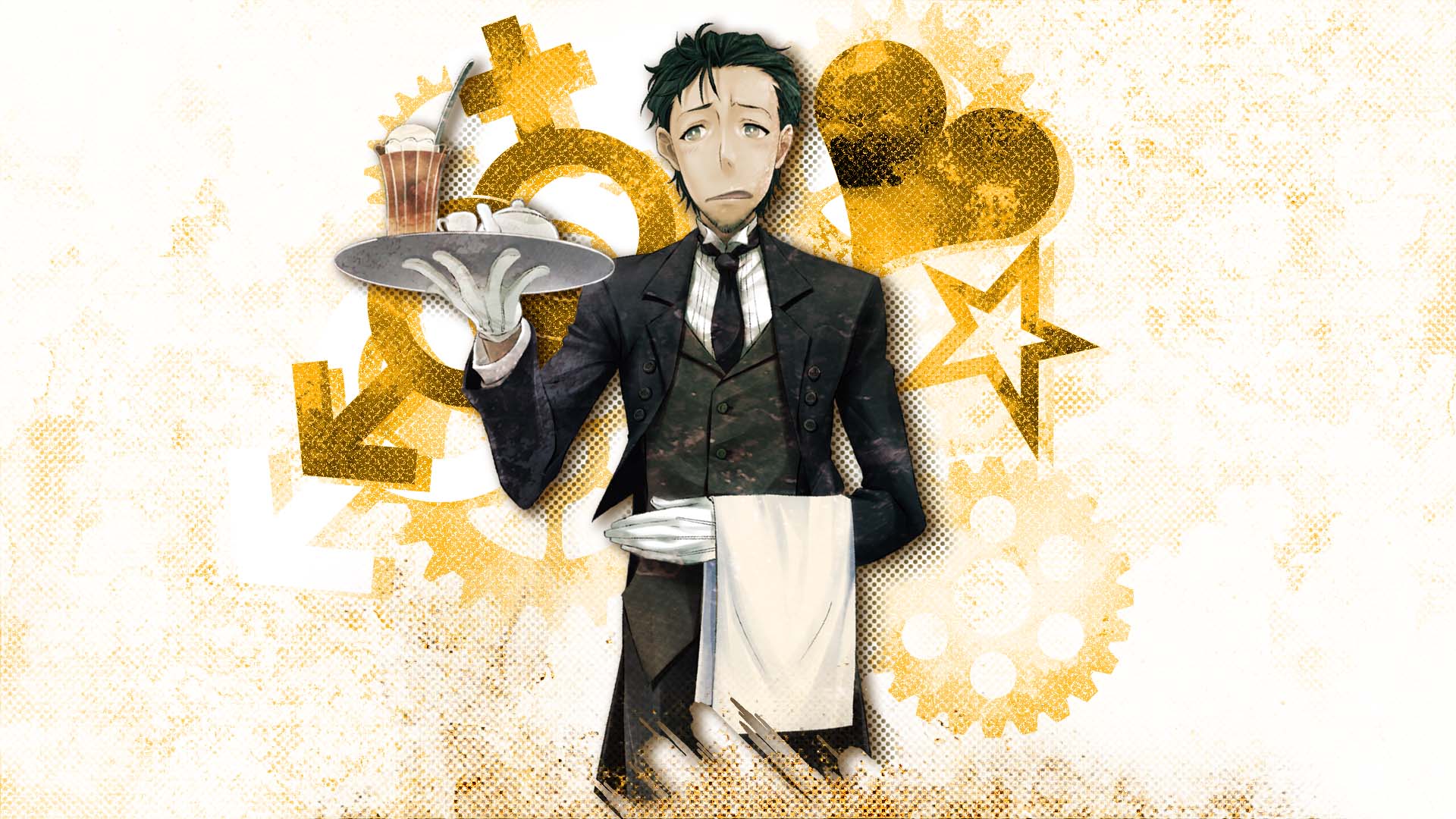 huke, okabe rintarou, science adventure, steins;gate, steins;gate: my darling's embrace, game cg, highres, official art, 1boy, beard stubble, black hair, butler, cup, dimples of venus, enbutlered, facial hair, formal clothes, gears, holding, holding<, long sleeves, looking to the side, male focus, mars symbol, messy hair, necktie, nervous sweating, open mouth, pants, short hair, solo, stubble, suit, sweat, tray, white background