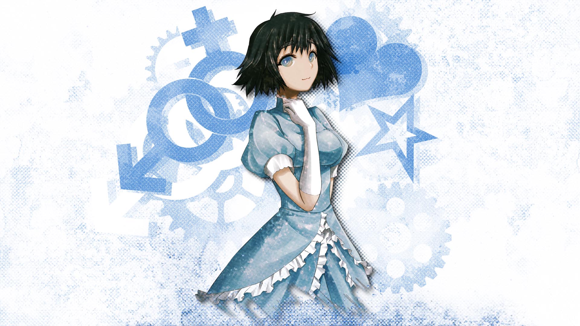 huke, shiina mayuri, science adventure, steins;gate, steins;gate: my darling's embrace, game cg, highres, official art, 1girl, black hair, blue dress, blue eyes, breasts, dimples of venus, dress, formal clothes, frilled dress, frills, from side, gears, gloves, looking at viewer, mars symbol, medium breasts, puffy short sleeves, puffy sleeves, short hair, short sleeves, smile, solo, white background, white gloves