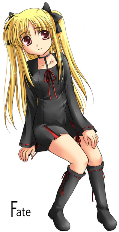 koyuki (2smj), koyuki (artist), fate testarossa, lyrical nanoha, mahou shoujo lyrical nanoha, 00s, 1girl, black dress, blonde hair, character name, choker, collarbone, dress, female focus, full body, head tilt, long sleeves, looking at viewer, red eyes, simple background, sitting, solo, twintails, white background
