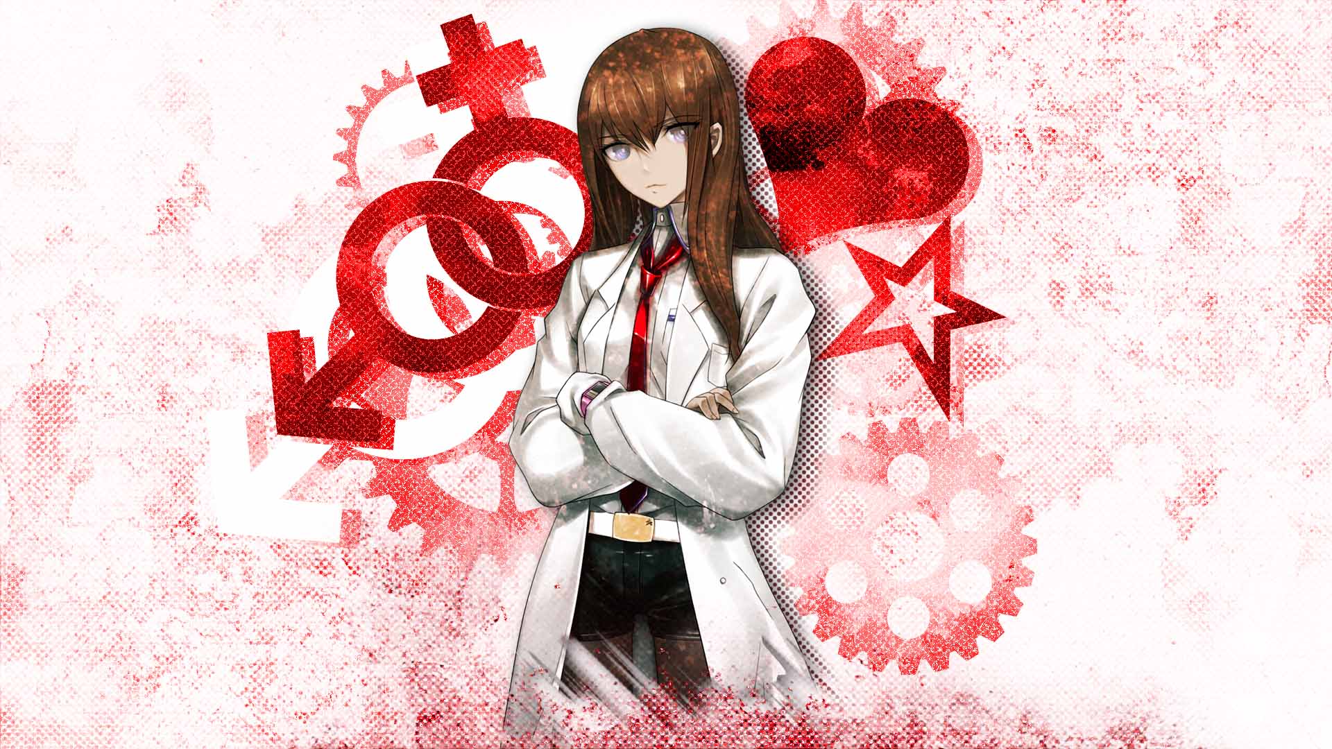huke, makise kurisu, science adventure, steins;gate, steins;gate: my darling's embrace, game cg, highres, official art, 1girl, belt, black pantyhose, black shorts, breasts, brown hair, closed mouth, collared shirt, cowboy shot, dimples of venus, dress shirt, gears, hair between eyes, lab coat, long hair, long sleeves, looking at viewer, mars symbol, necktie, pantyhose, pantyhose under shorts, purple eyes, purple trim, red necktie, shirt, shorts, smile, solo, square pupils, standing, white background, white shirt