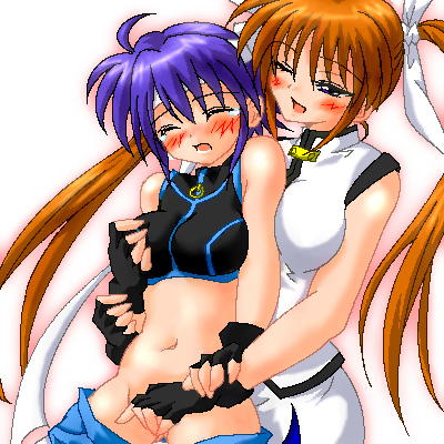 ryokusuiteien, subaru nakajima, takamachi nanoha, takamachi nanoha (aggressor mode), lyrical nanoha, mahou shoujo lyrical nanoha, mahou shoujo lyrical nanoha strikers, lowres, md5 mismatch, 00s, 2girls, bare shoulders, blue hair, blush, breasts, breasts squeezed together, brown hair, fingering, fingerless gloves, gloves, groping, hair ribbon, headband, long hair, medium breasts, midriff, multiple girls, navel, oekaki, one eye closed, ribbon, short hair, simple background, tears, twintails, wink, yuri