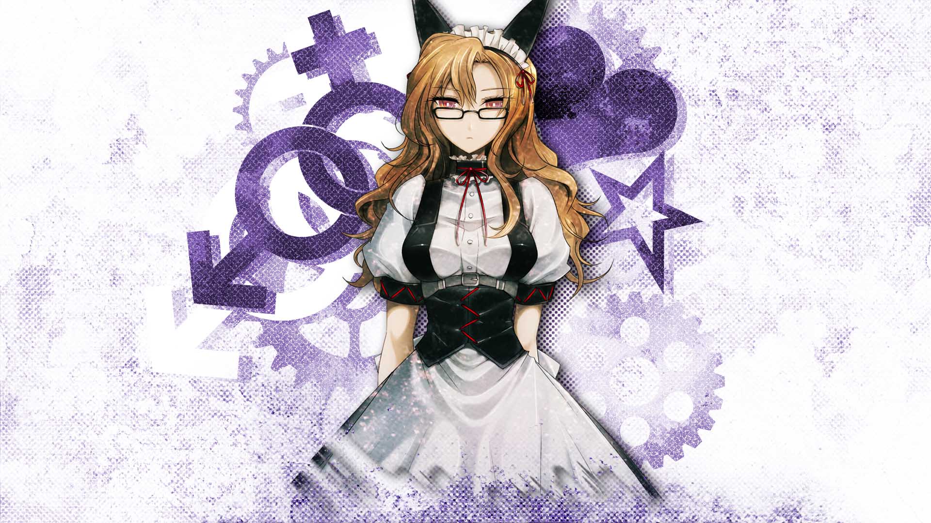huke, kiryuu moeka, science adventure, steins;gate, steins;gate: my darling's embrace, game cg, highres, official art, 1girl, animal ears, belt around waist, blonde hair, breasts, brown eyes, brown hair, cat ears, cleavage, dimples of venus, dress, expressionless, frills, gears, glasses, jitome, large breasts, long hair, looking at viewer, maid, maid headdress, mars symbol, mayqueen maid uniform, puffy short sleeves, puffy sleeves, ribbon-trimmed collar, ribbon-trimmed corset, ribbon-trimmed hairband, ribbon trim, short sleeves, smile, solo, square pupils, white background