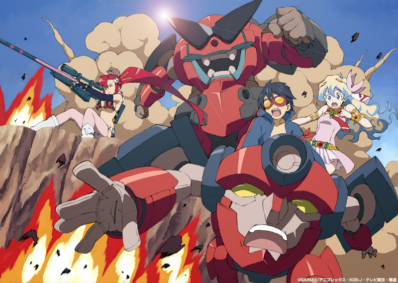macha, boota (ttgl), gurren, lagann, nia teppelin, simon (ttgl), yoko littner, tengen toppa gurren lagann, 00s, 1boy, 2girls, blue eyes, blue hair, blue sky, blush, breasts, curly hair, day, explosion, fire, gainaxtop, gun, large breasts, machinery, multiple girls, outdoors, rifle, rock, sky, smoke, sniper rifle, sunlight, two side up, underboob, weapon