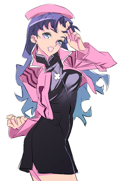 nishieda, katsuragi misato, neon genesis evangelion, 1girl, :d, beret, black dress, blue eyes, blue hair, breasts, clenched hand, cowboy shot, cropped jacket, cross, dress, earrings, female focus, gradient hair, hat, jacket, jewelry, long hair, long sleeves, matching hair/eyes, multicolored hair, open mouth, parted bangs, purple hair, salute, short dress, simple background, smile, solo, unaligned breasts, very long hair, white background