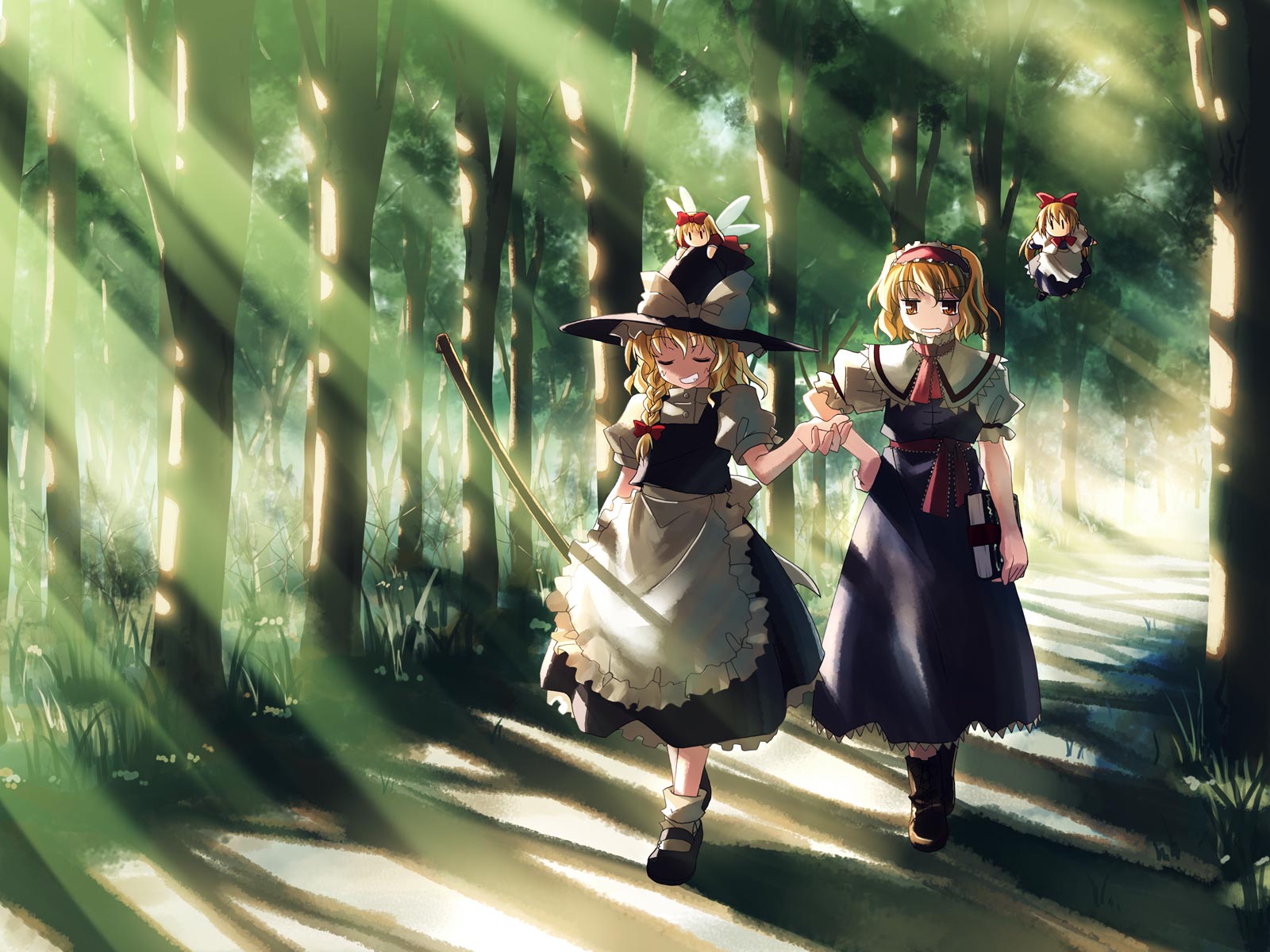 studio sdt, yuuki tatsuya, alice margatroid, hourai doll, kirisame marisa, shanghai doll, touhou, white legwear, highres, >:d, 2girls, :d, ^ ^, annoyed, apron, ascot, blonde hair, blue dress, book, boots, bow, braid, broom, capelet, closed eyes, doll, dress, female focus, flying, forest, frills, grass, grin, hair bow, hairband, hand on own hip, hat, hat bow, light rays, mary janes, messy hair, multiple girls, nature, open mouth, raised eyebrow, road, sash, shirt, shoes, short hair, skirt, skirt set, smile, sunbeam, sunlight, teeth, tree, v-shaped eyebrows, vest, waist apron, witch hat, | |