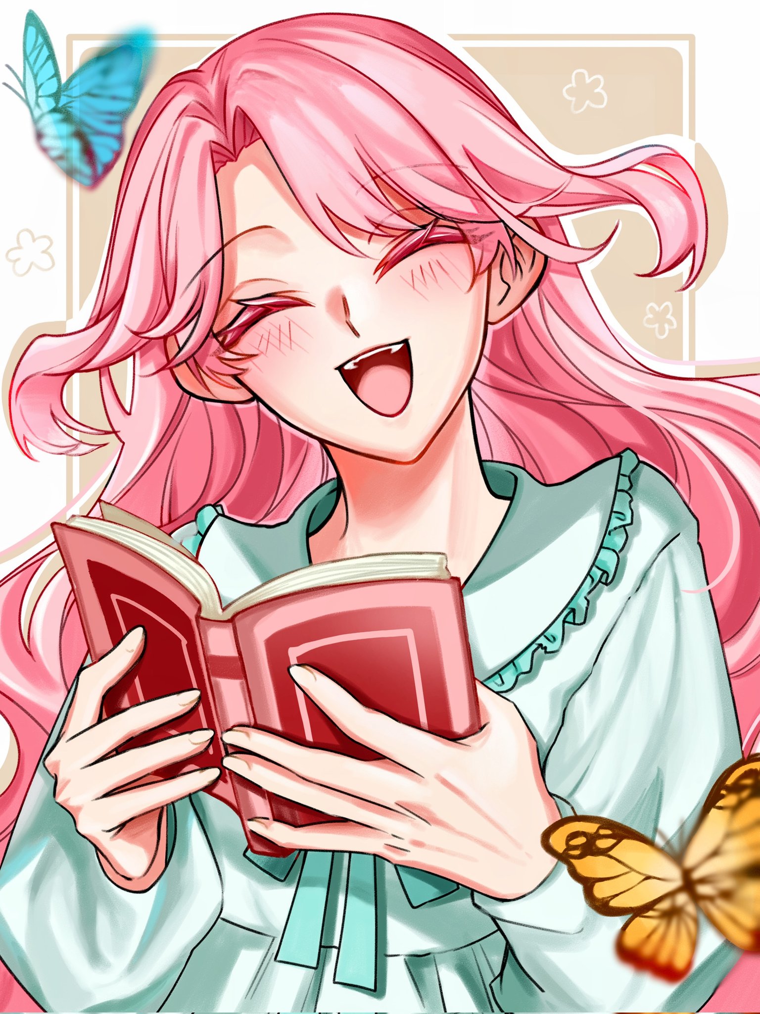 jikishirone, madan no ichi, highres, 1girl, blue dress, blush, book, bug, butterfly, closed eyes, dress, holding, holding book, insect, long hair, long sleeves, open book, open mouth, pink hair, riei, upper body