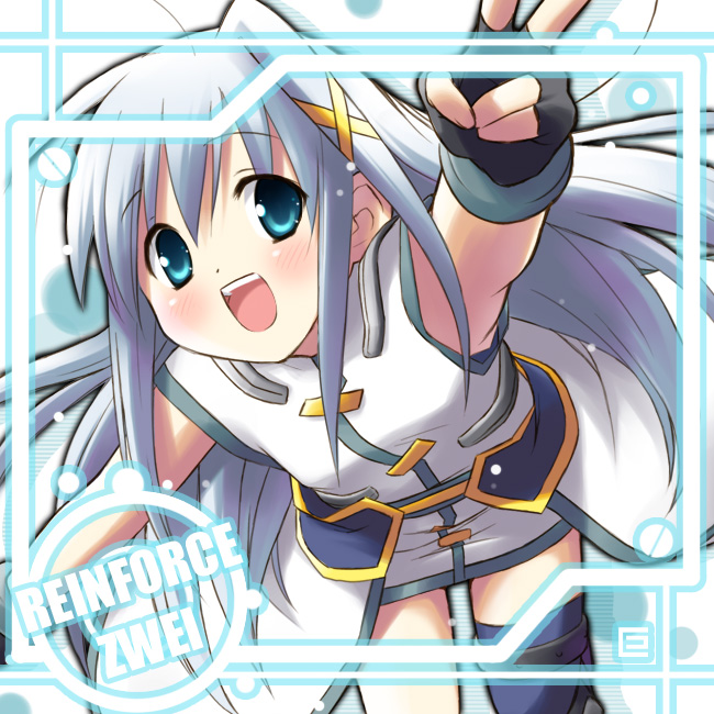 eretto, reinforce zwei, lyrical nanoha, mahou shoujo lyrical nanoha, mahou shoujo lyrical nanoha strikers, 00s, 1girl, ahoge, asymmetrical legwear, blue eyes, blue hair, character name, female focus, fingerless gloves, gloves, hair ornament, magical girl, matching hair/eyes, solo, thighhighs, uneven legwear, v, waist cape, x hair ornament