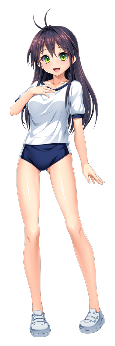kamitsurugi ouka, aikawa haruno, kouyoku senki exs-tia concert, game cg, non-web source, official art, variant set, 1girl, :d, antenna hair, black hair, blue buruma, blush, breasts, buruma, collarbone, full body, gluteal fold, green eyes, gym shirt, gym uniform, hand on own chest, long hair, looking at viewer, medium breasts, no socks, open mouth, shirt, shoes, short sleeves, smile, sneakers, solo, standing, tachi-e, transparent background, white shirt