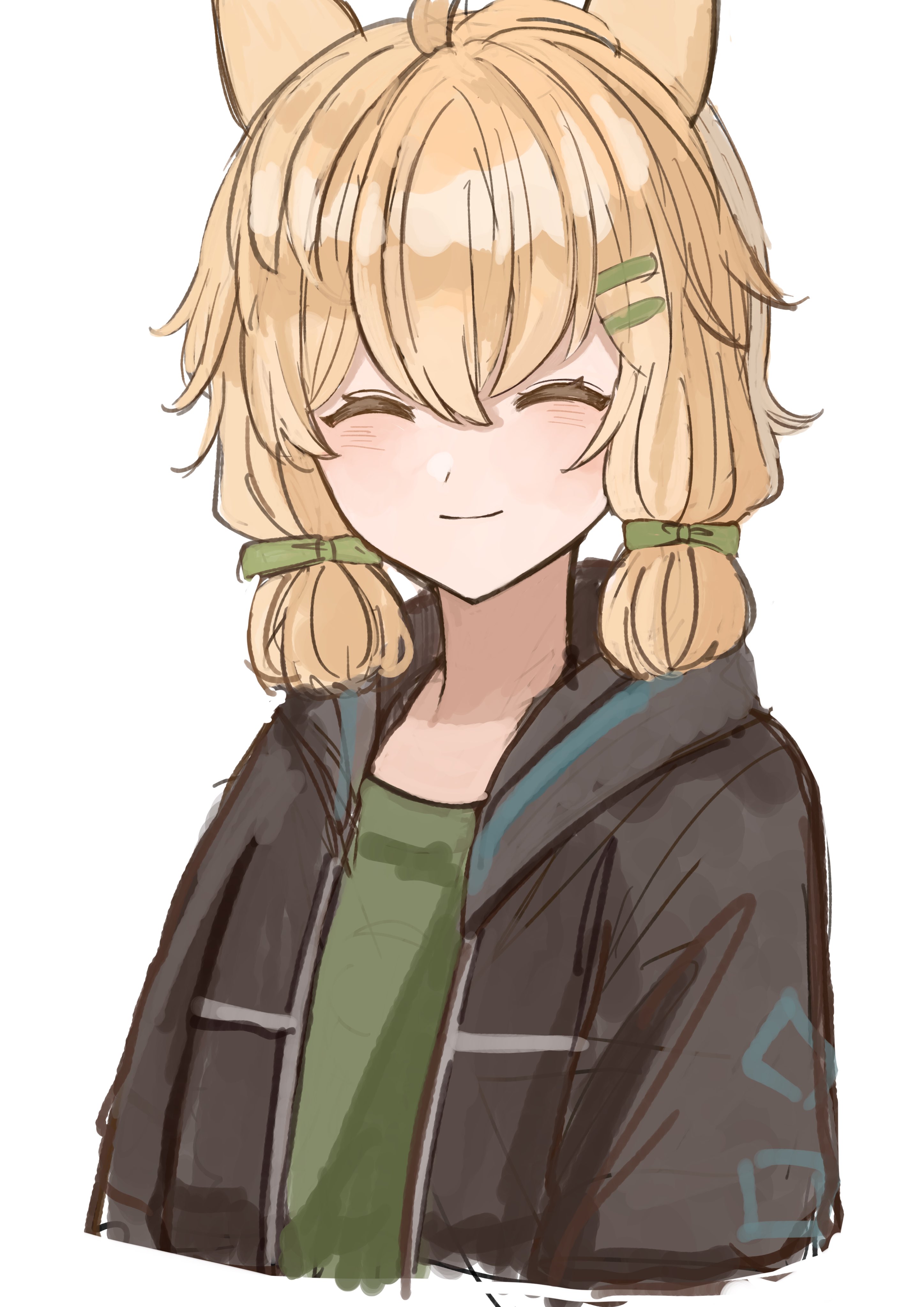 udo (akn otk), kroos (arknights), arknights, absurdres, highres, 1girl, ^ ^, animal ears, black jacket, blonde hair, closed eyes, closed mouth, cropped torso, facing viewer, green shirt, hair between eyes, hair ornament, hairclip, hood, hood down, hooded jacket, jacket, light blush, open clothes, open jacket, shirt, short hair, simple background, sketch, smile, solo, t-shirt, white background