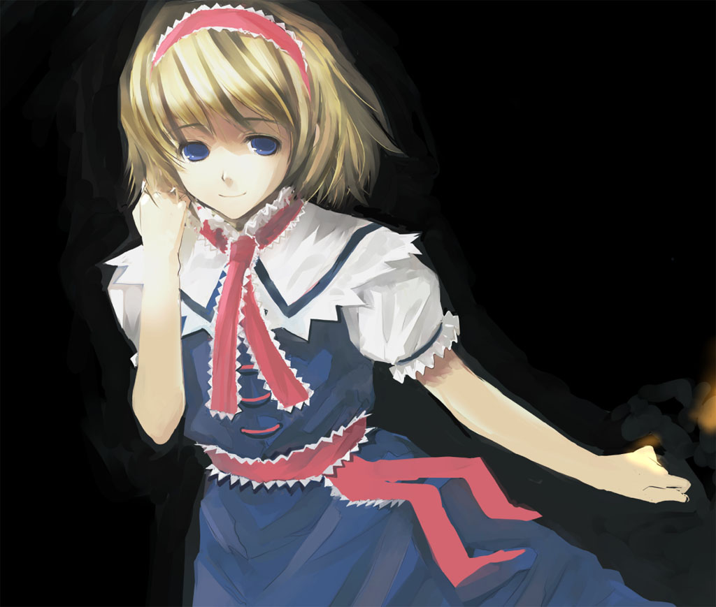 takashima, alice margatroid, touhou, looking away, 1girl, adjusting hair, black background, blonde hair, blue eyes, faux traditional media, female focus, hairband, ribbon, sash, short hair, sketch, smile, solo