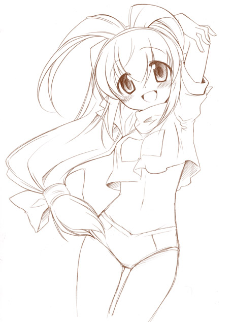matsuda98, kanzaki akari, battle athletes, 1990s (style), 1girl, antenna hair, arms up, blush, brown theme, buruma, female focus, happy, long hair, low-tied long hair, midriff, monochrome, retro artstyle, solo