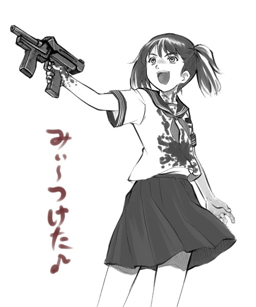 sakumo (karatama), original, 1girl, female focus, greyscale, gun, monochrome, open mouth, school uniform, serafuku, skirt, solo, weapon