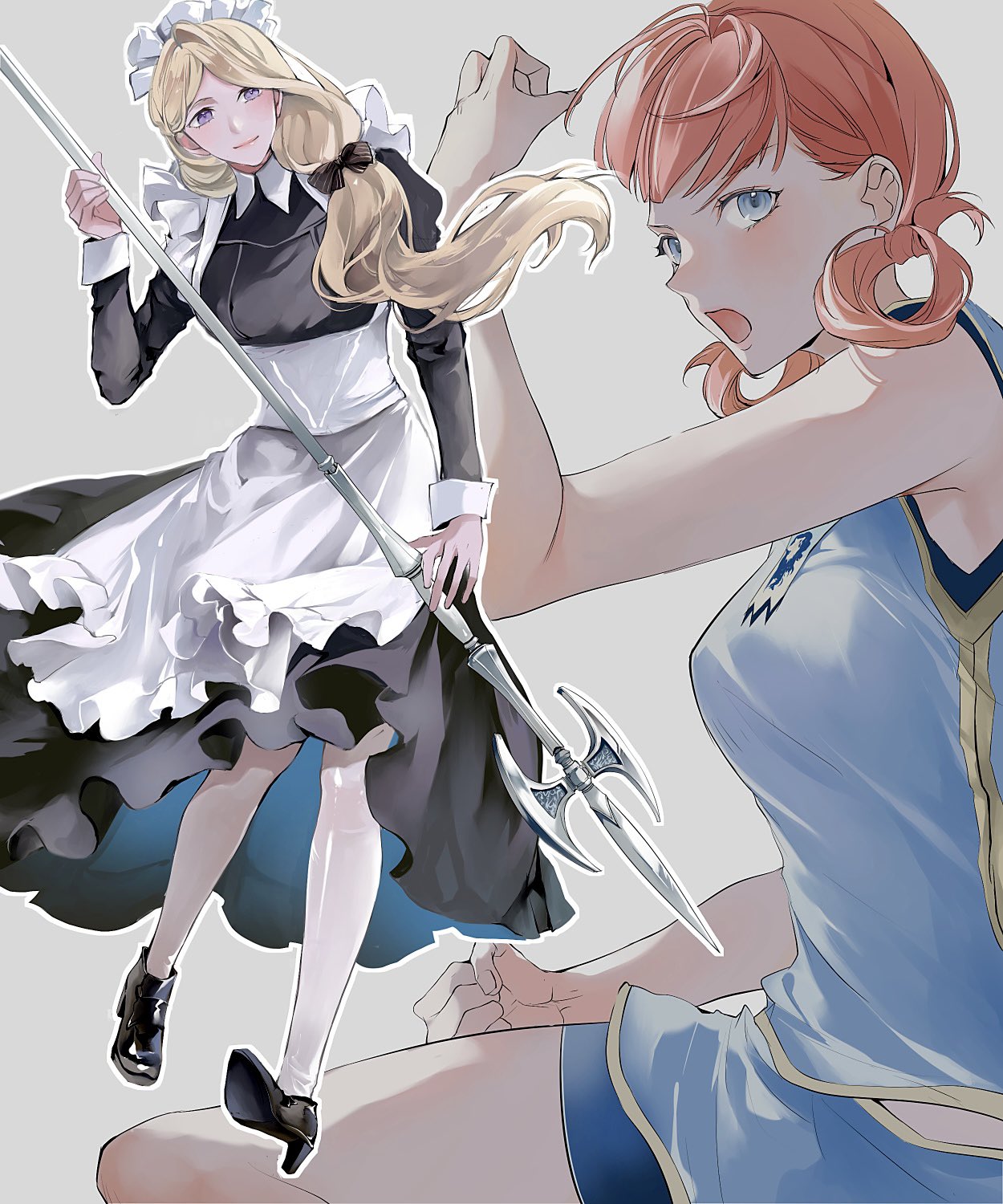 zat 296, annette fantine dominic, mercedes von martritz, fire emblem, fire emblem: three houses, nintendo, highres, 2girls, apron, bare shoulders, black bow, black dress, black shoes, blonde hair, blue eyes, blue shirt, blue shorts, bow, closed mouth, dress, floating hair, grey background, hair bow, hair rings, holding, holding polearm, holding weapon, long hair, long sleeves, looking at viewer, maid headdress, multiple girls, official alternate costume, open mouth, orange hair, pantyhose, polearm, purple eyes, shirt, shoes, short hair, short shorts, shorts, simple background, sleeveless, sleeveless shirt, smile, spear, waist apron, weapon, white apron, white pantyhose