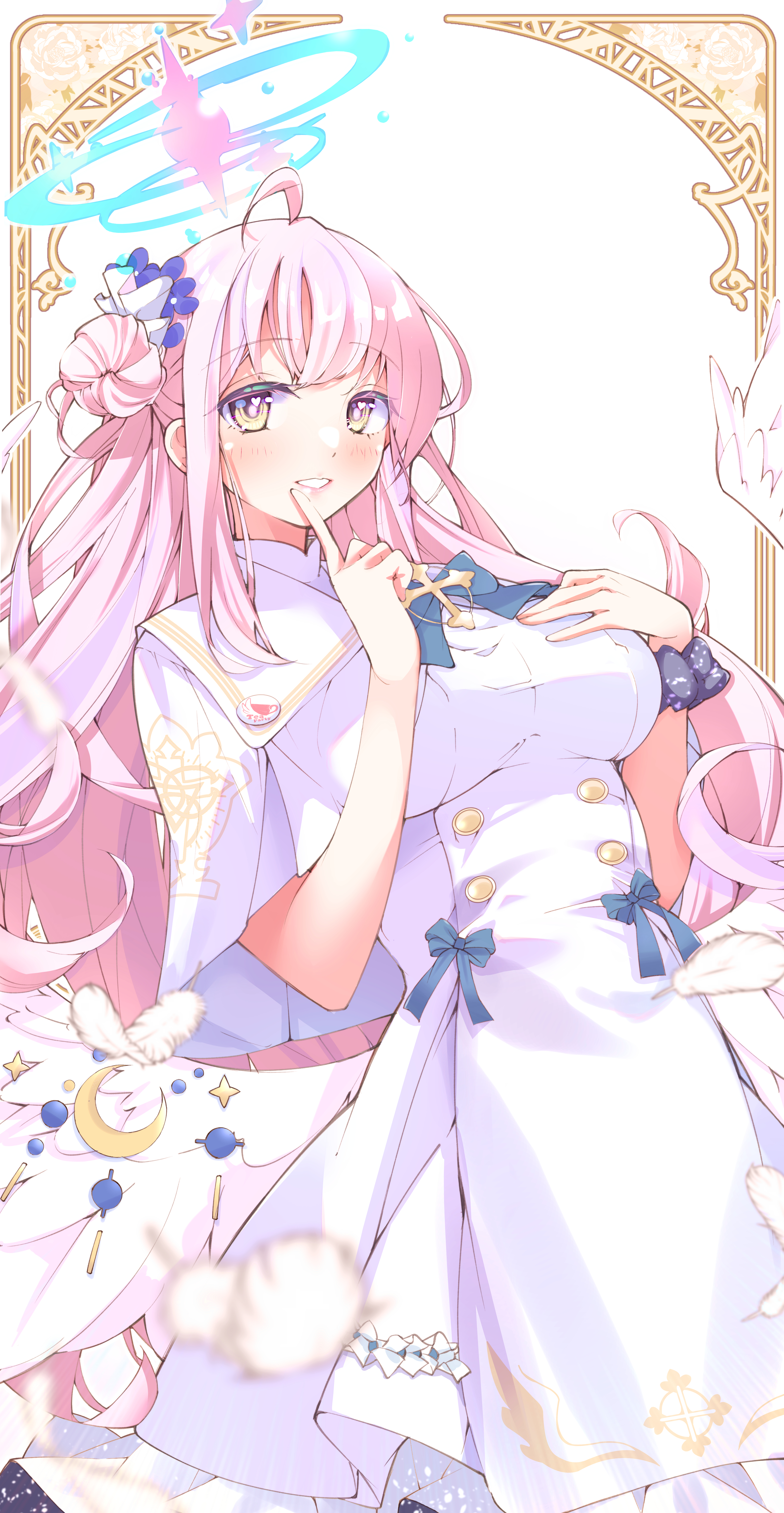 saramowa, mika (blue archive), blue archive, absurdres, commentary request, highres, 1girl, angel wings, aqua halo, blue bow, blush, bow, breasts, buttons, capelet, dress, falling feathers, feathered wings, feathers, flower, frilled dress, frills, gold trim, hair bun, hair flower, hair ornament, halo, hand on own chest, heart, heart in eye, large breasts, long hair, looking at viewer, low wings, open mouth, pink hair, scrunchie, single hair bun, single side bun, smile, solo, symbol in eye, very long hair, white capelet, white dress, white wings, wing ornament, wings, wrist scrunchie, yellow eyes