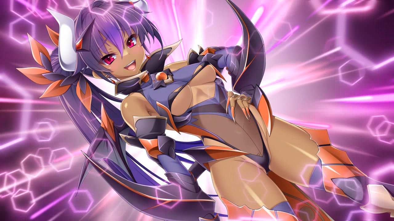 kamitsurugi ouka, oosumi kanon, kouyoku senki exs-tia concert, game cg, non-web source, official art, 1girl, :d, bare shoulders, breasts, chest jewel, clothing cutout, corruption, covered erect nipples, covered navel, dark-skinned female, dark exs-tia bestia, dark persona, dark skin, demon girl, demon horns, demon wings, dutch angle, earrings, elbow gloves, fingernails, gloves, groin, hair between eyes, hair ornament, hand on own hip, highleg, highleg leotard, horns, jewelry, leotard, long fingernails, long hair, looking at viewer, medium breasts, nail polish, navel cutout, open mouth, pink eyes, ponytail, purple hair, purple thighhighs, red eyes, shiny clothes, shiny skin, smile, solo, standing, tail, tan, tanline, thighhighs, turtleneck, underboob, underboob cutout, very long hair, wings