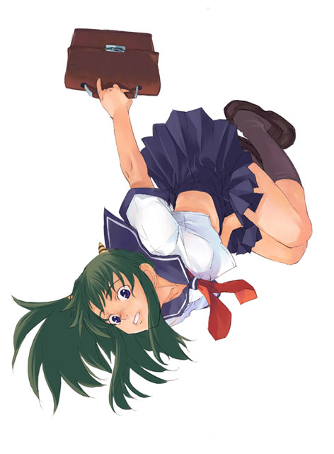 mura (kanojo no oukoku), lum, urusei yatsura, 1girl, bag, black shoes, black socks, blouse, blue eyes, blue skirt, briefcase, cone horns, female focus, full body, green hair, holding, holding bag, horns, jumping, kneehighs, loafers, long hair, pleated skirt, red ribbon, ribbon, school uniform, serafuku, shirt, shoes, short sleeves, simple background, skirt, skirt tug, socks, solo, striped horns, upside-down, white background, white shirt, yellow horns