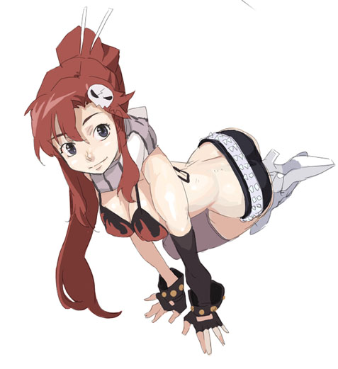 mura (kanojo no oukoku), yoko littner, tengen toppa gurren lagann, 00s, 1girl, asymmetric gloves, asymmetrical gloves, back, belt, bikini, bikini top only, black eyes, black gloves, black shorts, boots, breasts, cleavage, female focus, fingerless gloves, flame print, from above, full body, gloves, hair ornament, hair stick, high heel boots, high heels, long hair, looking at viewer, medium breasts, midriff, ponytail, red hair, scarf, shadow, shorts, simple background, sitting, skull hair ornament, smile, solo, swimsuit, uneven gloves, white background, white boots