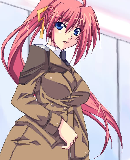 ichino, signum, lyrical nanoha, mahou shoujo lyrical nanoha, mahou shoujo lyrical nanoha strikers, 00s, 1girl, breasts, buttons, dark-skinned female, dark skin, female focus, formal clothes, hair ribbon, large breasts, long sleeves, looking at viewer, military, military uniform, mixed-sex bathing, pencil skirt, ponytail, ribbon, shared bathing, skirt, solo, standing, suit