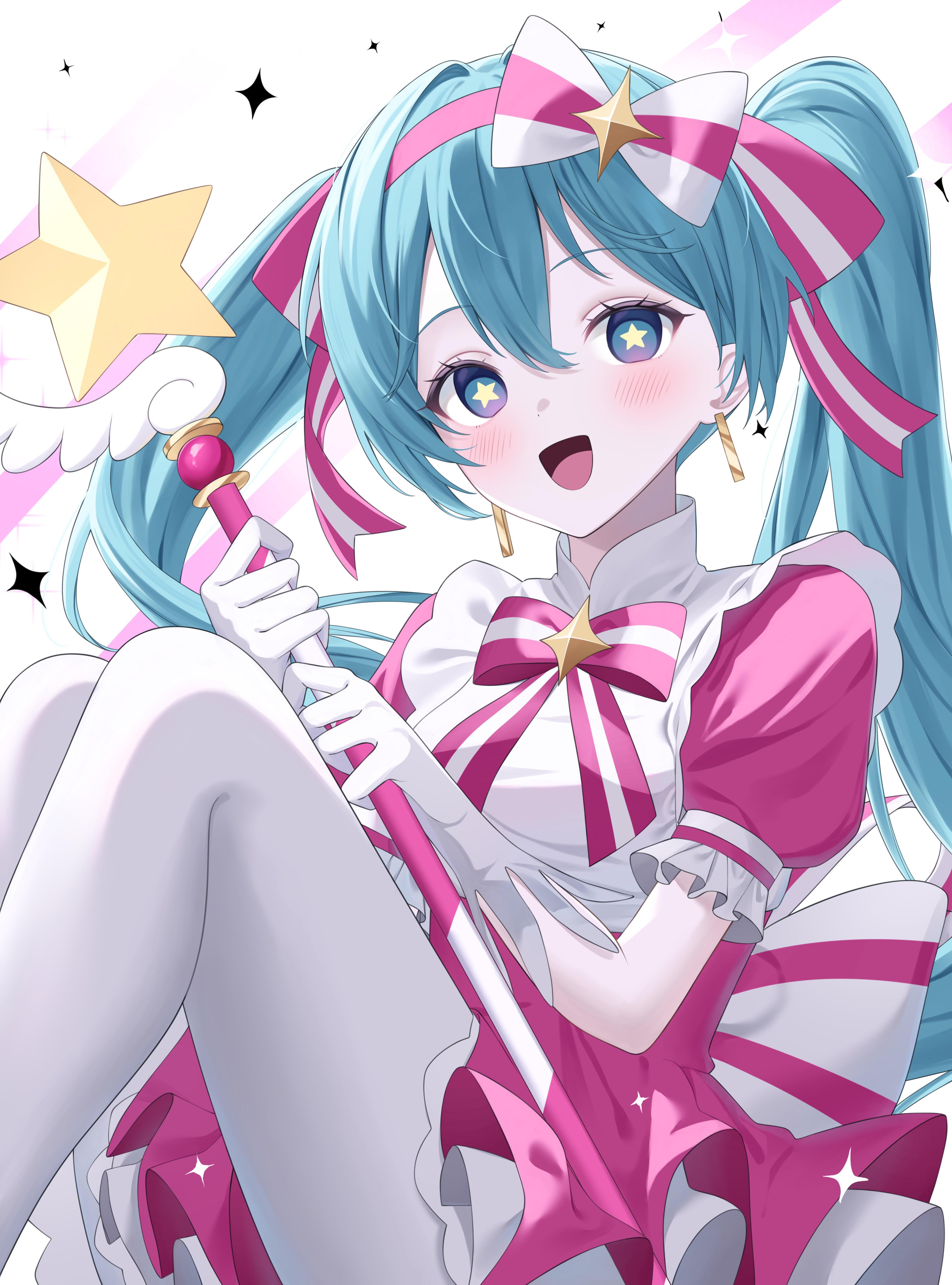 tokumei hiyoko, hatsune miku, vocaloid, absurdres, highres, 1girl, aqua eyes, aqua hair, blush, dress, earrings, frilled sleeves, frills, gloves, hair between eyes, hair ornament, hair ribbon, holding, holding wand, ima sugu rinne (vocaloid), jewelry, long hair, looking at viewer, magical girl, open mouth, pantyhose, pink dress, pink ribbon, puffy short sleeves, puffy sleeves, ribbon, short sleeves, simple background, smile, solo, star-shaped pupils, star (symbol), symbol-shaped pupils, very long hair, wand, white background, white gloves, white pantyhose
