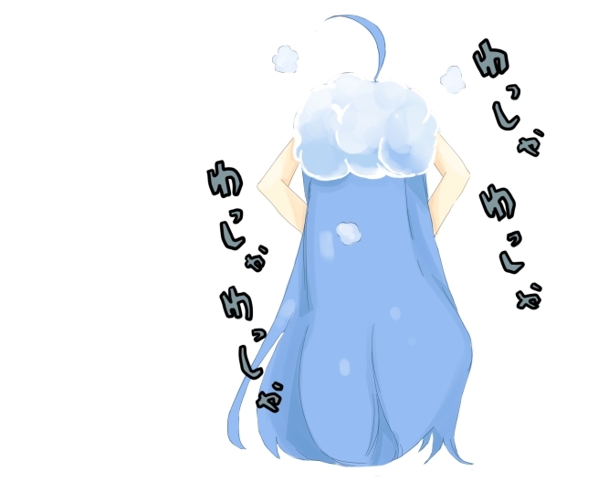 kanikama, izumi konata, lucky star, 00s, 1girl, ahoge, arms up, bathing, blue hair, female focus, foam, from behind, long hair, simple background, sitting, solo, text focus, very long hair, water, wet, white background
