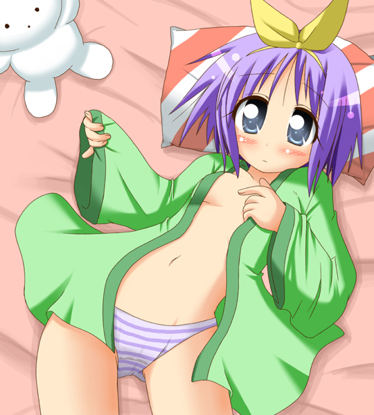 minami (colorful palette), hiiragi tsukasa, lucky star, 00s, 1girl, bed, blue eyes, blush, female focus, lying, navel, on back, open clothes, open shirt, panties, pillow, purple hair, ribbon, shirt, short hair, solo, striped clothes, striped panties, underwear