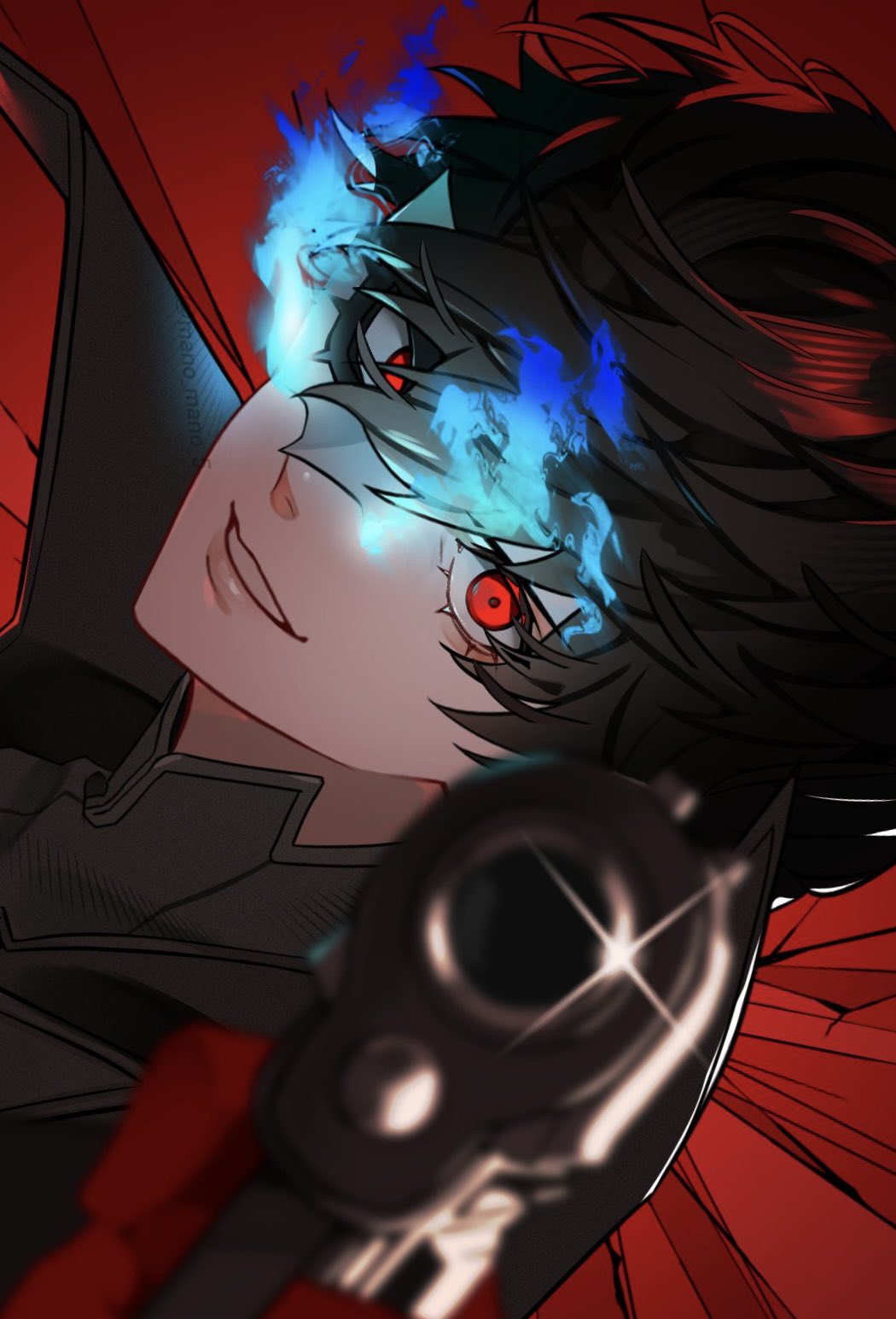 mano (mano mano 5), amamiya ren, joker (persona 5), persona, persona 5, commentary, commentary request, hashtag-only commentary, highres, symbol-only commentary, 1boy, aiming, aiming at viewer, black hair, black jacket, black shirt, blue fire, blurry, blurry foreground, broken glass, close-up, eye mask, fire, glass, gloves, gun, hair between eyes, high collar, holding, holding gun, holding weapon, jacket, looking at viewer, mask, messy hair, red background, red eyes, red gloves, shirt, short hair, sideways, smile, solo, sparkle, twitter username, weapon, white mask