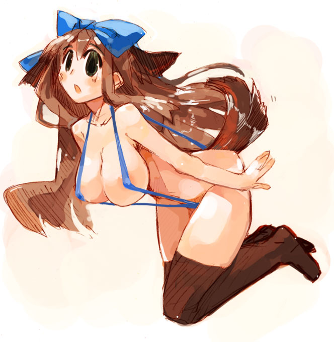 momiji mao, 1girl, animal ears, breasts, brown hair, dog ears, female focus, green eyes, large breasts, long hair, slingshot swimsuit, solo, swimsuit, tail, thighhighs