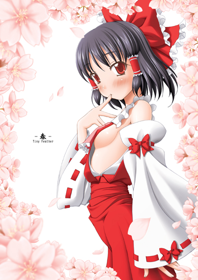 sin-go, hakurei reimu, touhou, 1girl, black hair, blush, bow, breasts, female focus, flat chest, hair bow, hair tubes, japanese clothes, medium breasts, no bra, red eyes, short hair, sideboob, solo
