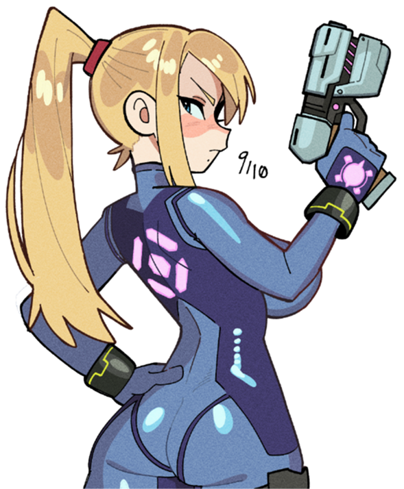 osa (osavocaloid), samus aran, metroid, nintendo, 1girl, ass, blonde hair, blue bodysuit, blue eyes, blue gloves, bodysuit, closed mouth, from behind, gloves, gun, hand on own hip, holding, holding gun, holding weapon, long hair, long sleeves, looking at viewer, mole, mole under mouth, paralyzer, ponytail, profile, sidelocks, simple background, solo, weapon, white background, zero suit