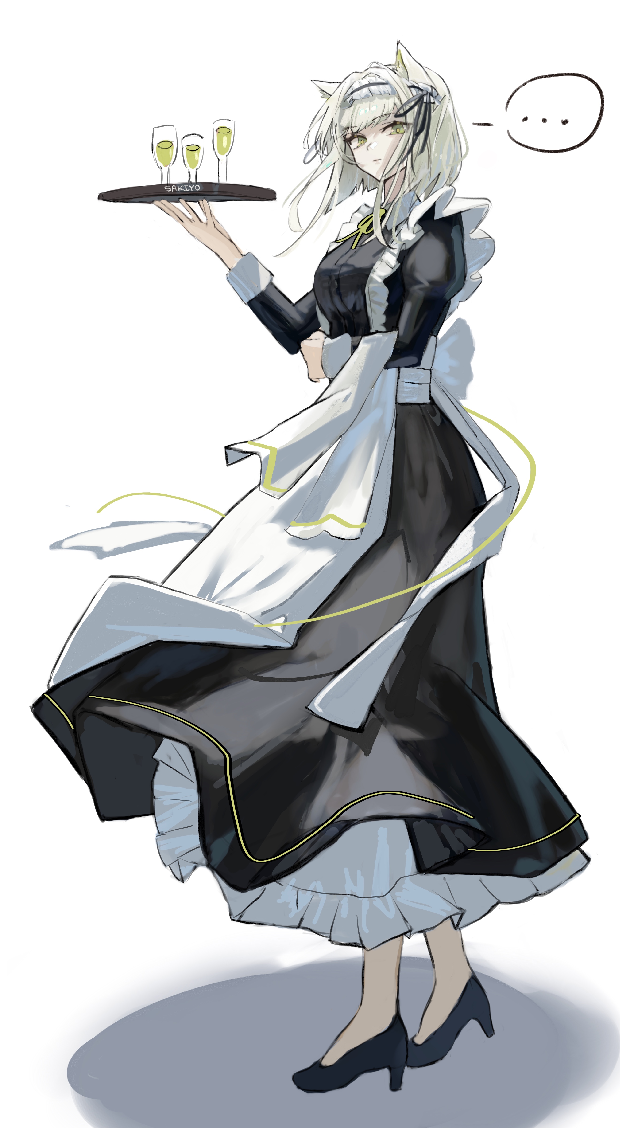 sakiyo, kal'tsit (arknights), kal'tsit (maid) (arknights), arknights, absurdres, commentary, highres, …, 1girl, animal ear fluff, animal ears, apron, artist name, black dress, black shoes, breasts, cat ears, cat girl, cat tail, cup, dress, drinking glass, expressionless, full body, green eyes, green hair, hair ribbon, hand up, high heels, holding, holding tray, juliet sleeves, large breasts, long sleeves, looking at viewer, maid, maid apron, maid headdress, official alternate costume, puffy sleeves, ribbon, shoes, simple background, solo, speech bubble, spoken ellipsis, standing, tail, tray, white background