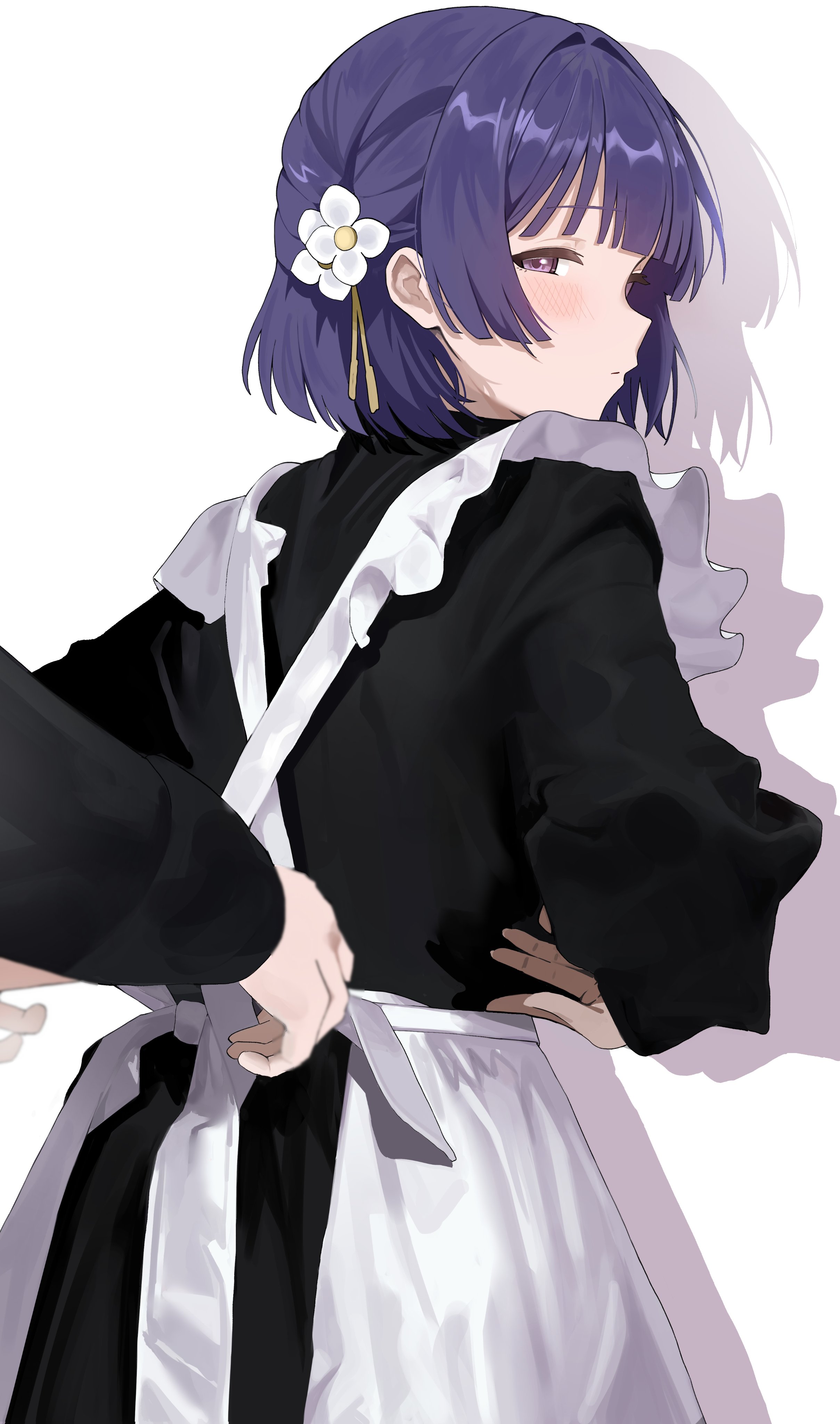 aweqdre, hataya misuzu, gakuen idolmaster, idolmaster, absurdres, hashtag-only commentary, highres, 1girl, 1other, alternate costume, apron, black dress, blush, closed mouth, cowboy shot, dress, enmaided, flower, frilled apron, frills, from behind, hair flower, hair ornament, half-closed eyes, hands on own hips, long sleeves, looking back, maid, maid apron, purple eyes, purple hair, shadow, short hair, simple background, tying apron, white apron, white background, white flower
