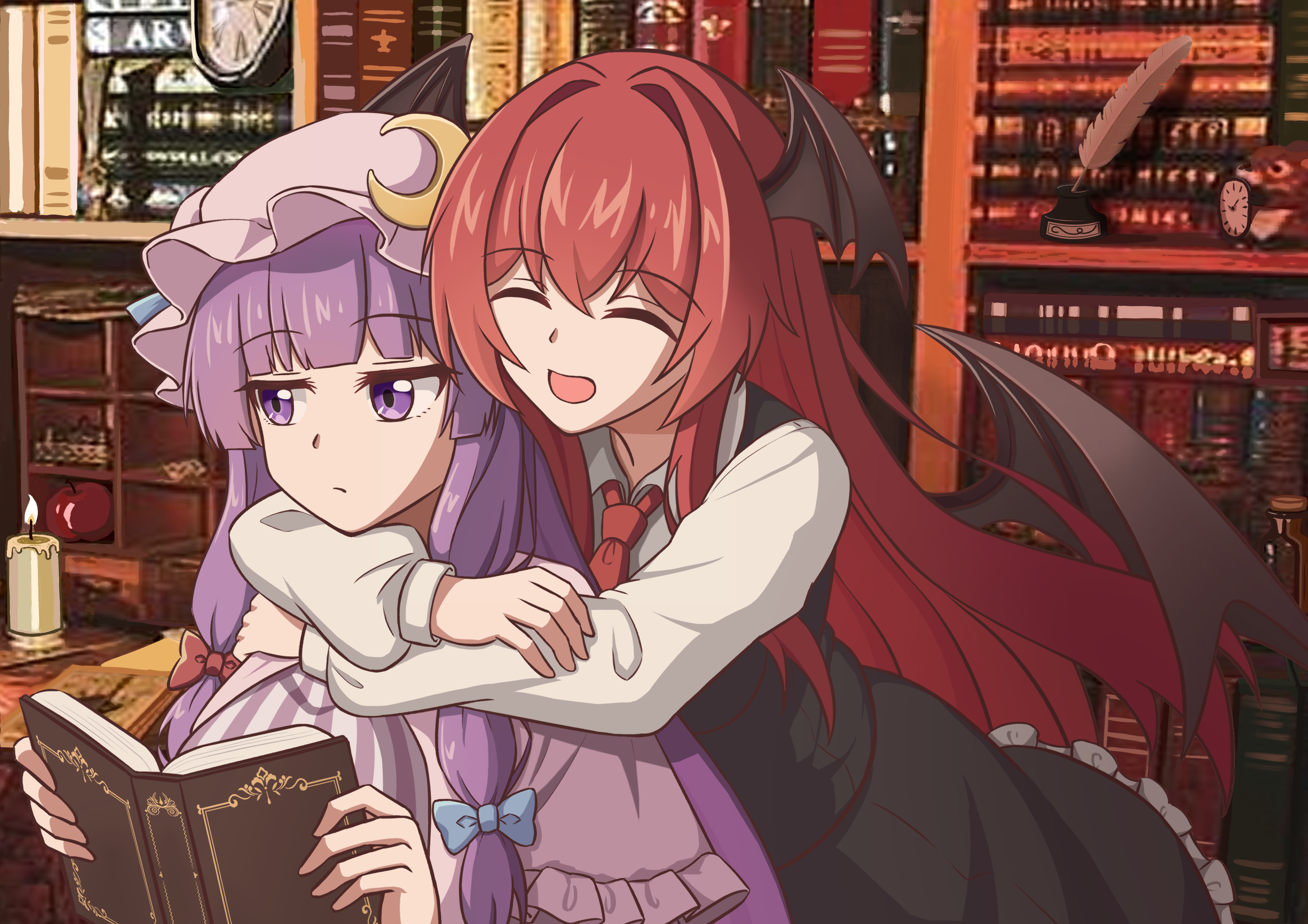 piaoluo de ying huaban, koakuma, patchouli knowledge, touhou, absurdres, commentary request, highres, redrawn, 2girls, :/, black skirt, black vest, blunt bangs, book, bookshelf, candle, closed eyes, closed mouth, crescent, crescent hat ornament, demon wings, expressionless, hat, hat ornament, head wings, holding, holding book, hug, hug from behind, inkwell, long hair, long sleeves, mob cap, multiple girls, open book, open mouth, purple eyes, purple hair, quill, red hair, shirt, skirt, smile, striped clothes, upper body, vertical-striped clothes, very long hair, vest, white shirt, wings