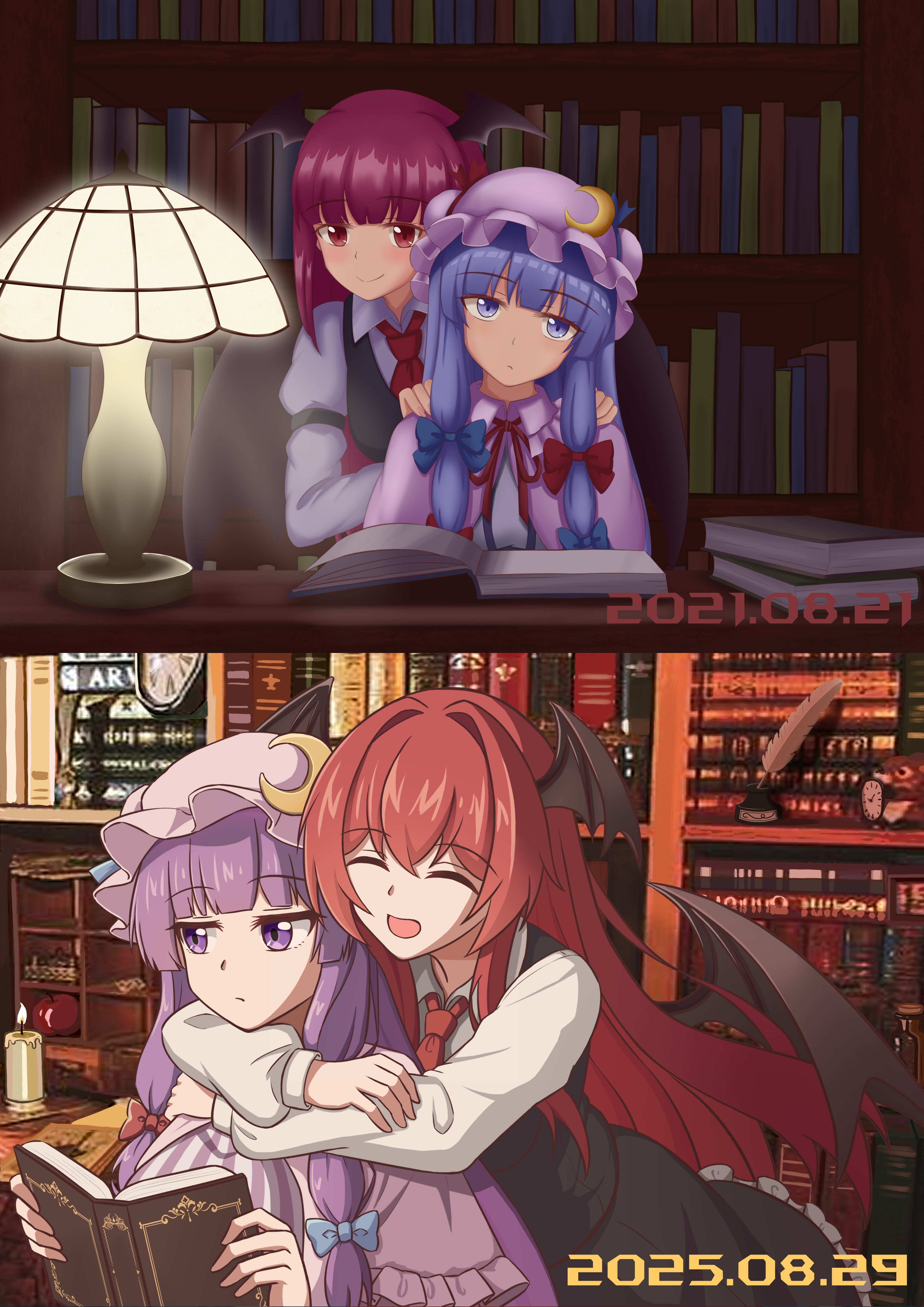 piaoluo de ying huaban, koakuma, patchouli knowledge, touhou, absurdres, commentary request, highres, redrawn, 2girls, :/, armband, artist progress, black armband, black skirt, black vest, blue bow, blunt bangs, blush, book, book stack, bookshelf, bow, breasts, candle, capelet, closed eyes, closed mouth, collared shirt, crescent, crescent hat ornament, dated, demon wings, desk, dress, dress shirt, expressionless, hair ribbon, hands on another's shoulders, hat, hat bow, hat ornament, head tilt, head wings, hime cut, holding, holding book, hug, hug from behind, inkwell, juliet sleeves, lamp, library, long hair, long sleeves, looking at viewer, mob cap, multiple girls, necktie, open book, open mouth, pink hat, puffy sleeves, purple capelet, purple eyes, purple hair, quill, red bow, red eyes, red hair, red necktie, ribbon, shirt, sidelocks, skirt, small breasts, smile, striped clothes, striped dress, tress ribbon, upper body, vertical-striped clothes, vertical-striped dress, very long hair, vest, white shirt, wings