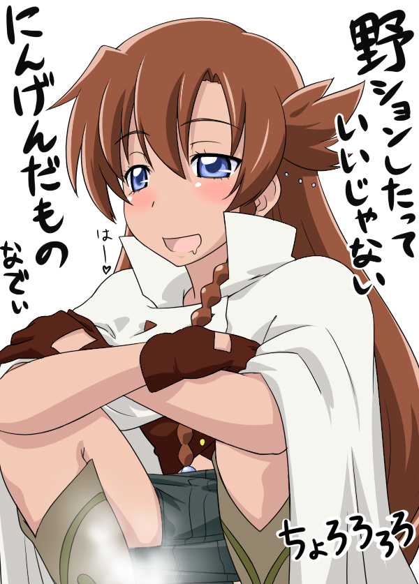 youkan, nadie, el cazador de la bruja, translation request, 00s, 1girl, :d, blue eyes, blush, braid, brown hair, crossed arms, female focus, gloves, hair between eyes, knees up, long hair, open mouth, peeing, saliva, shorts, simple background, sitting, smell, smile, solo, very long hair, white background