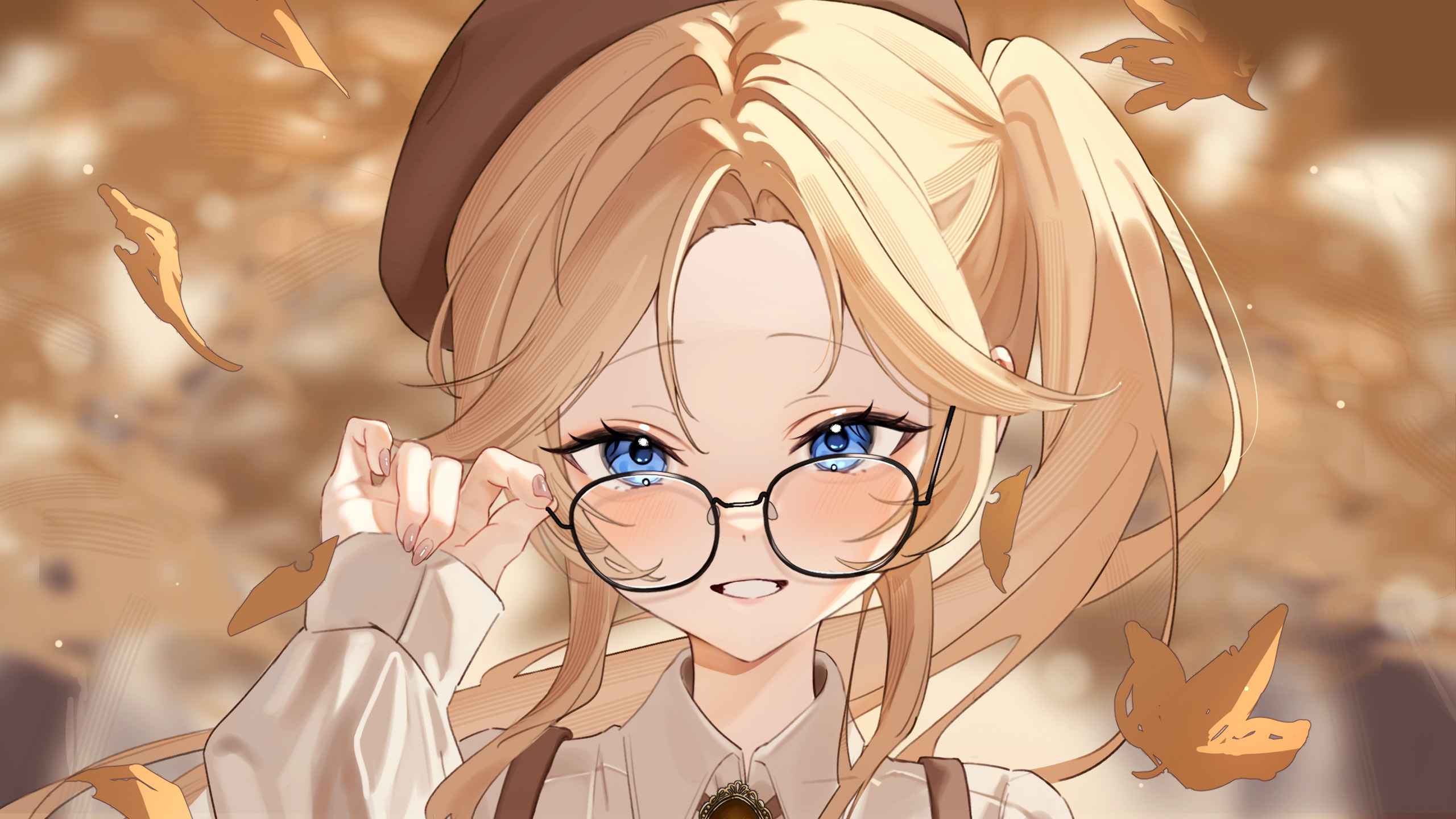 meercat dayo, watson amelia, hololive, hololive english, highres, 1girl, autumn leaves, beret, black-framed eyewear, blonde hair, blue eyes, blurry, blurry background, blush, collared shirt, depth of field, glasses, hat, leaf, long hair, long sleeves, looking at viewer, open mouth, outdoors, shirt, smile, solo, upper body, virtual youtuber