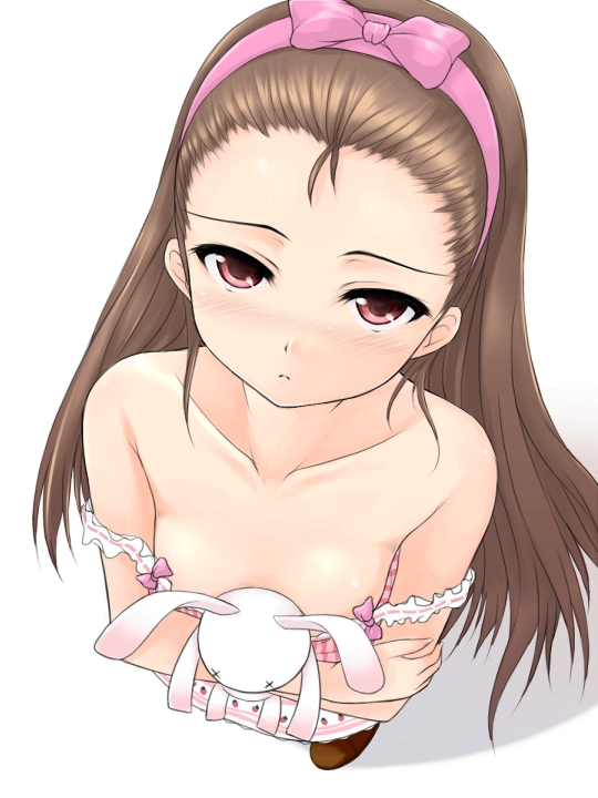 uni8, minase iori, idolmaster, idolmaster (classic), idolmaster 1, 00s, 1girl, bare shoulders, blush, bow, brown hair, crossed arms, female focus, flat chest, hair bow, hairband, holding, long hair, pink bow, pink eyes, rabbit, solo, strap slip, stuffed animal, stuffed rabbit, stuffed toy