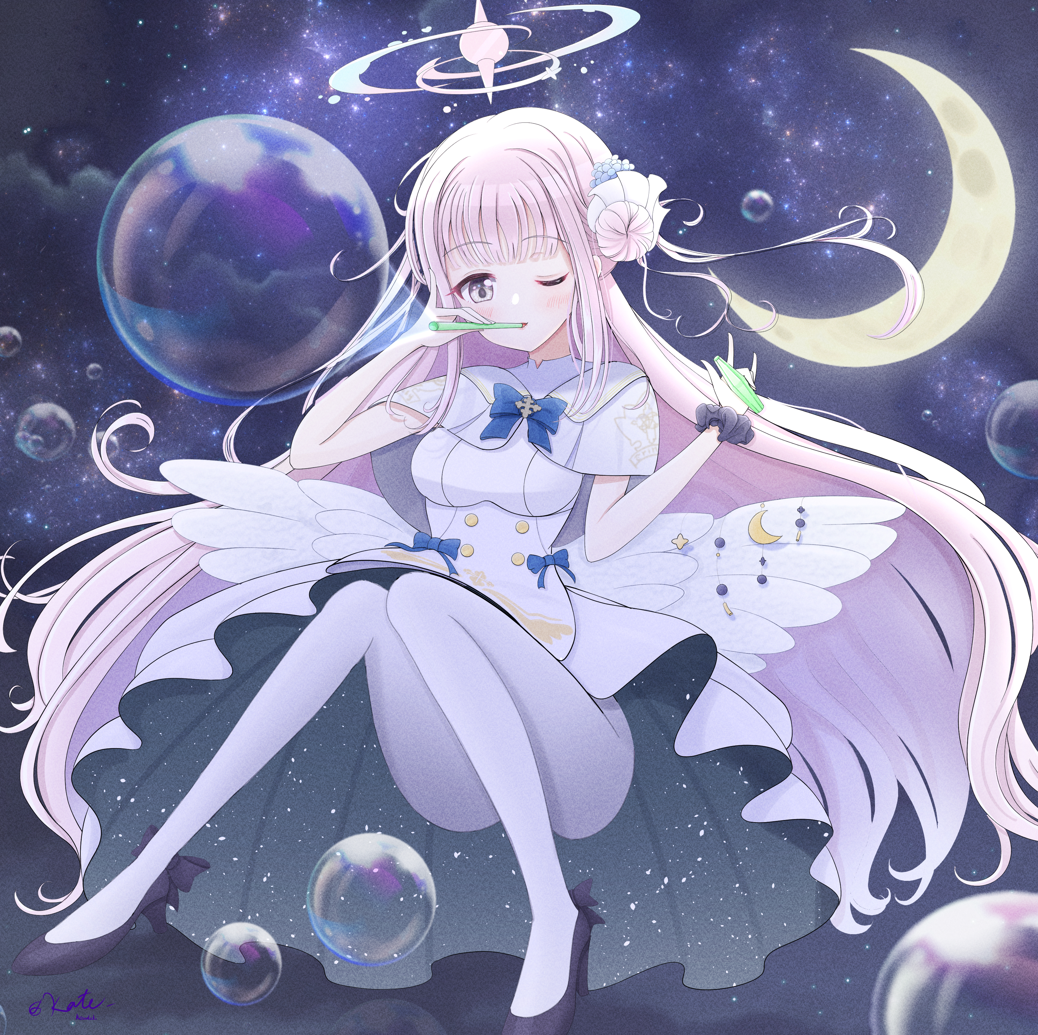 george storming, mika (blue archive), blue archive, absurdres, highres, 1girl, angel wings, blue bow, blush, bow, bubble, buttons, capelet, crescent moon, dress, feathered wings, gold trim, halo, long hair, looking at viewer, low wings, moon, one eye closed, open mouth, pantyhose, pink eyes, pink hair, pink halo, scrunchie, soap bubbles, solo, very long hair, white capelet, white dress, white overskirt, white pantyhose, white wings, wing ornament, wings, wrist scrunchie