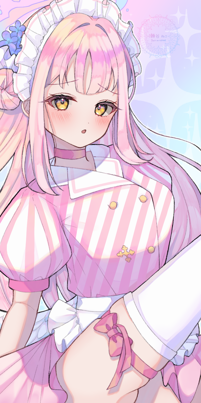 setani neco, mika (blue archive), blue archive, highres, 1girl, blush, buttons, choker, feathered wings, flower, frilled hairband, frills, hair bun, hair flower, hair ornament, hairband, long hair, looking at viewer, low wings, maid headdress, official alternate costume, open mouth, pink choker, puffy short sleeves, puffy sleeves, shirt, short sleeves, single hair bun, single side bun, solo, striped clothes, striped shirt, thigh strap, thighhighs, very long hair, white thighhighs, white wings, wings, yellow eyes