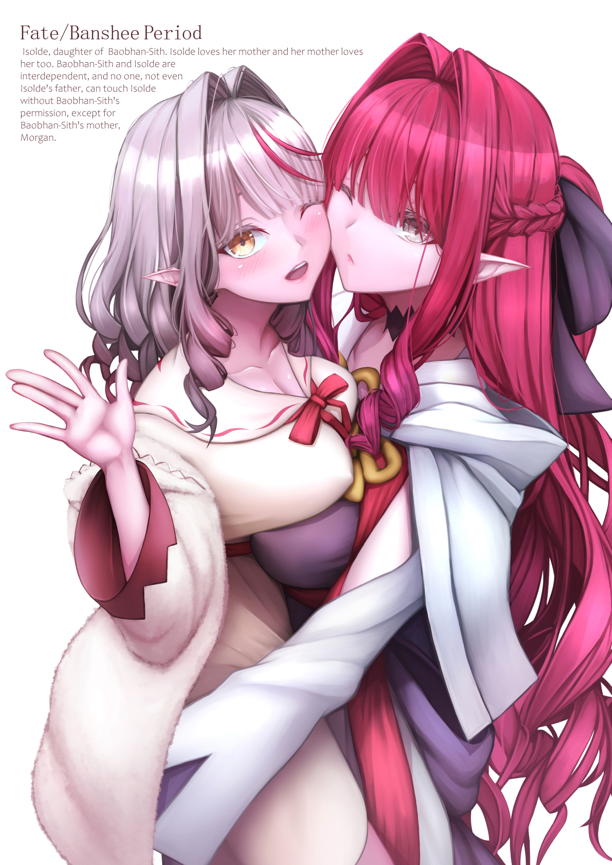 growthdoll, baobhan sith (fate), morgan le fay (fate), fate/grand order, fate (series), original, commentary, highres, 2girls, alternate costume, black ribbon, blush, breasts, carrying, carrying person, closed mouth, cosplay, english text, grey eyes, grey hair, hair intakes, hair ribbon, large breasts, looking at viewer, morgan le fay (fate) (cosplay), mother and daughter, multicolored hair, multiple girls, one eye closed, open mouth, pointy ears, red hair, ribbon, simple background, smile, streaked hair, white background, yellow eyes