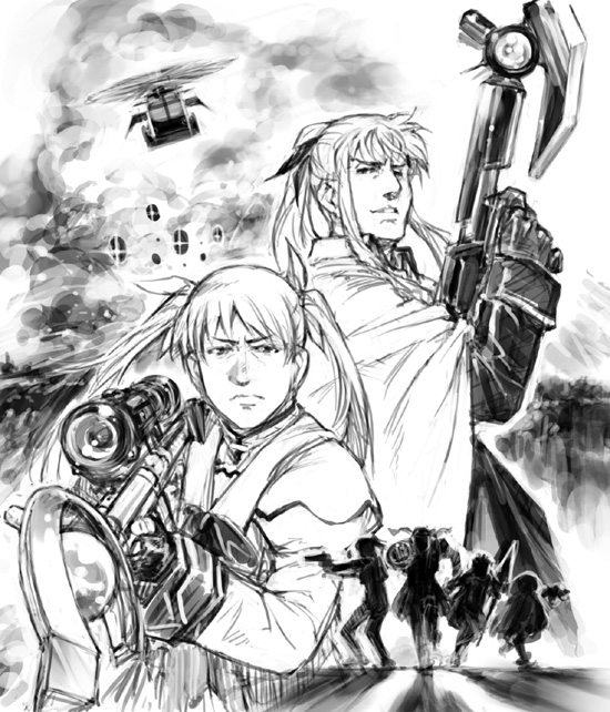 shirayuki shoushirou, bardiche (nanoha), caro ru lushe, cross mirage, erio mondial, fate testarossa, raising heart, revolver knuckle, strada, subaru nakajima, takamachi nanoha, teana lanster, lyrical nanoha, mahou shoujo lyrical nanoha, mahou shoujo lyrical nanoha strikers, 00s, 1boy, 5girls, alternate weapon, greyscale, gun, magical girl, monochrome, multiple girls, twintails, weapon, what
