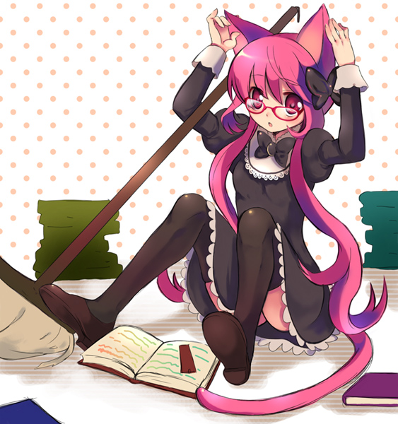 shiratama shima, original, animal ears, cat ears, cat tail, glasses, solo, tail, thighhighs