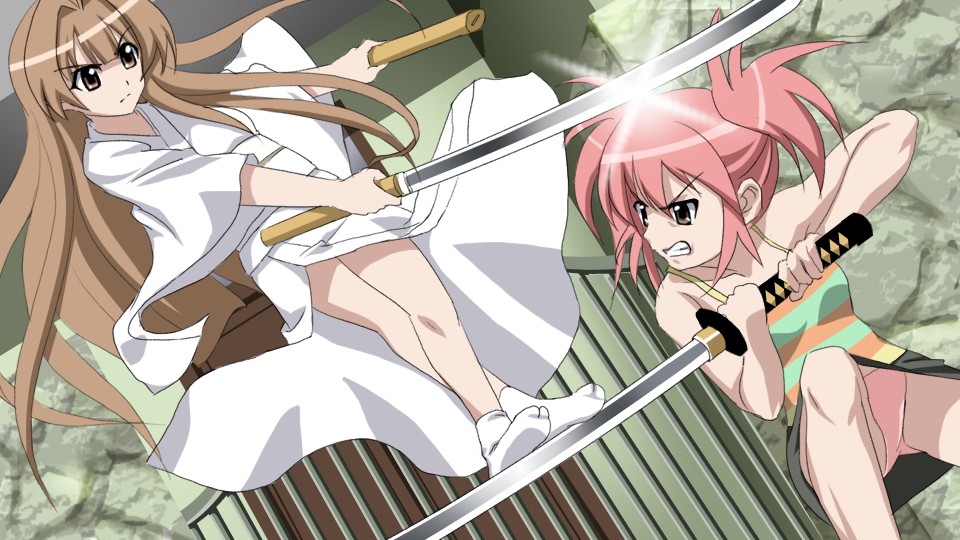 sanshita, edomae lunar, seto sun, seto no hanayome, 00s, 2girls, brown hair, japanese clothes, katana, long hair, multiple girls, panties, pantyshot, pink hair, short hair, socks, sword, underwear, weapon