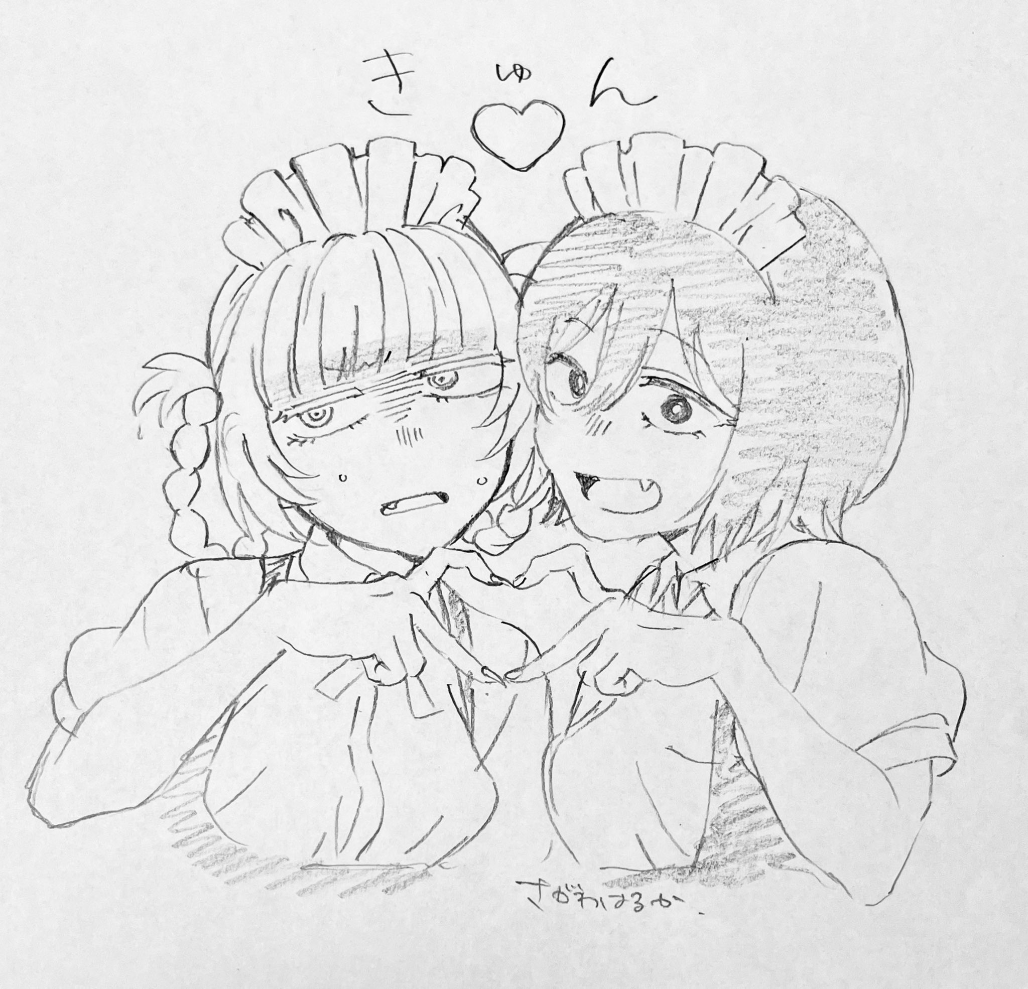 sagawa haruka, kohakobe midori, nanakusa nazuna (yofukashi no uta), yofukashi no uta, highres, 2girls, :d, braid, greyscale, heart, heart hands, heart hands duo, looking at viewer, maid, monochrome, multiple girls, open mouth, ringed eyes, short hair, simple background, smile, white background