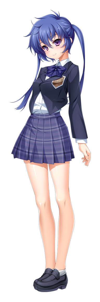 kamitsurugi ouka, sugahara touka, kouyoku senki exs-tia concert, game cg, non-web source, official art, variant set, 1girl, blue hair, blush, bow, casual, full body, loafers, long hair, long sleeves, looking at viewer, plaid clothes, plaid skirt, pleated skirt, purple eyes, school uniform, shoes, skirt, smile, solo, standing, transparent background, twintails