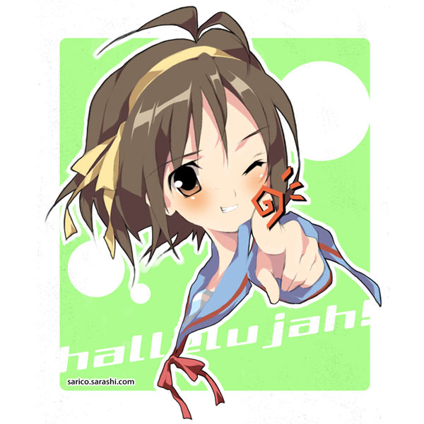 shiratama (shiratamaco), suzumiya haruhi, suzumiya haruhi no yuuutsu, 00s, 1girl, brown hair, female focus, hairband, orange hairband, short hair, solo