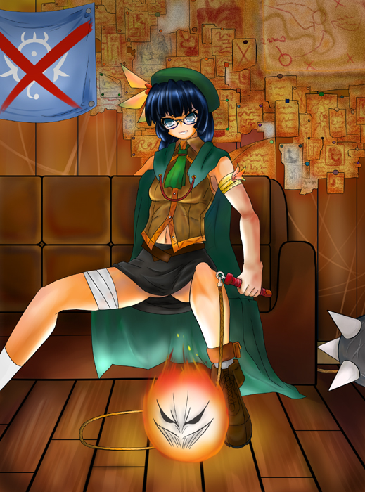 mizuno kakeru, original, clothes, 1girl, bandages, blue eyes, blue hair, cape, cross, female focus, fire, hat, holding, mace, matching hair/eyes, paper, pencil skirt, short hair, sitting, skirt, smile, solo, weapon, wooden floor