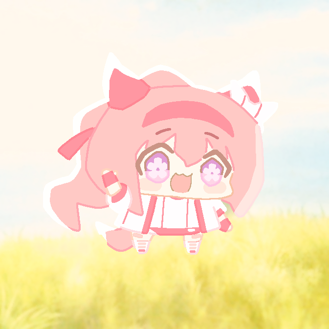 sima (exavalon00), haru urara (umamusume), umamusume, 1girl, animal ears, bandages, blush, chibi, gloves, haru urara (bestest prize) (umamusume), headband, horse ears, horse girl, horse tail, long hair, open mouth, pink eyes, pink hair, ponytail, red gloves, red headband, smile, solo, standing, symbol-shaped pupils, symbol in eye, tail, waving